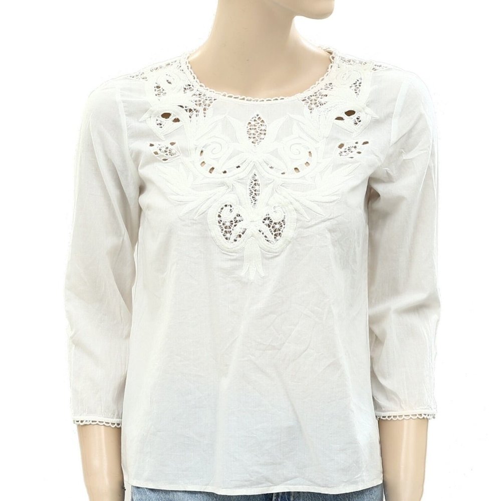 Sezane Vera Blouse Top White Cutout Embroidered Cotton Lace Boho - Picture 3 of 5